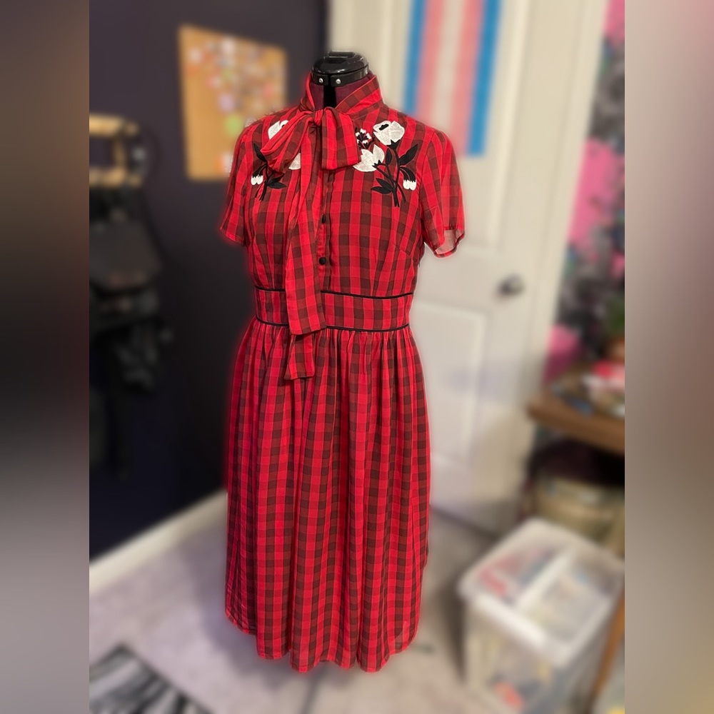 Red Embroidered Floral Checkered Georgette Shirtdress